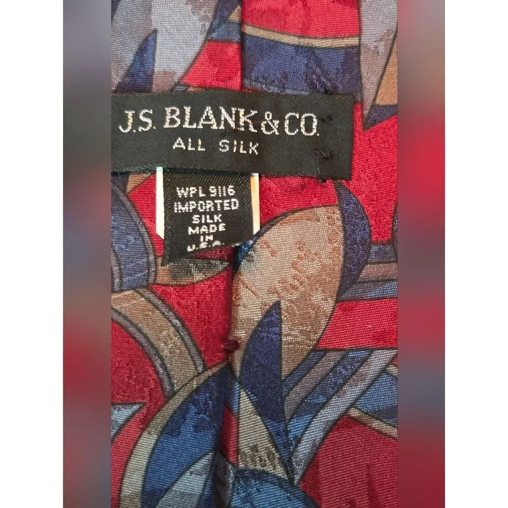 J.S.Blank&Co Burgundy Blue Gray Abstract Print 100% SILK Men's Tie